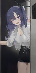 Rule 34 | 1girl, absurdres, black shorts, blue archive, breasts, cleavage, collared shirt, doorway, hair ornament, halo, highres, kji (rozo), large breasts, long hair, long sleeves, looking at viewer, open mouth, purple eyes, purple hair, shirt, short sleeves, shorts, sleeves rolled up, solo, standing, sweatdrop, twintails, white shirt
