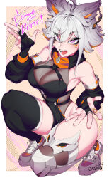 Rule 34 | 1girl, animal ears, artist name, asymmetrical legwear, black bridal gauntlets, black dress, black sleeves, black thighhighs, breasts, bridal gauntlets, bright pupils, character name, cleavage, colored tips, commission, demenishki, detached sleeves, dress, earrings, facial mark, grey hair, hair between eyes, highres, indie virtual youtuber, jewelry, large breasts, leotard, leotard under clothes, mismatched legwear, multicolored hair, open mouth, orange hair, orouu, pelvic curtain, purple eyes, see-through, see-through cleavage, shoes, single earring, sneakers, solo, thighhighs, virtual youtuber, white footwear, white pupils