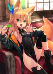 Rule 34 | 1girl, animal ear fluff, animal ears, bare shoulders, black dress, black footwear, black jacket, black thighhighs, blonde hair, blurry, blurry background, blush, breasts, candy, china dress, chinese clothes, commentary request, covered navel, dress, food, fox ears, fox tail, green eyes, groin, hair between eyes, highres, holding, holding candy, holding food, holding lollipop, indoors, jacket, knee up, kokonoe tsubaki, large tail, lollipop, long hair, long sleeves, looking at viewer, no bra, no panties, off shoulder, open clothes, open jacket, open mouth, original, pelvic curtain, ribbon, shoes, side slit, sitting, small breasts, socks, solo, tail, thighhighs, thighs, tongue, tongue out, yoshizawa tsubaki