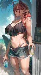 Rule 34 | 1girl, absurdres, bikini, black wings, blue sky, breasts, cloud, collarbone, commentary request, cup, day, denim, denim shorts, drink, drinking straw, earrings, feathered wings, glass, glasses, highres, holding, holding cup, horns, isabella (marse), jewelry, large breasts, long hair, marse (rokudaime), mole, mole on breast, mole under mouth, navel, necklace, original, outdoors, pointy ears, red hair, shade, shorts, skindentation, sky, solo, standing, stomach, sweat, swimsuit, thighs, translated, unzipped, wings, yellow eyes