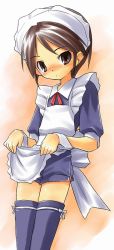 Rule 34 | 1boy, apron, bow, brown eyes, brown hair, child, copyright request, crossdressing, maid, maid apron, male focus, shorts, solo, tatata, thighhighs