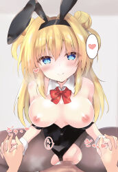 Rule 34 | 1boy, 1girl, absurdres, alternate breast size, alternate costume, animal ears, bare shoulders, black leotard, black pantyhose, blue eyes, blush, bow, bowtie, breasts, breasts apart, breasts out, censored, chitose sana, closed mouth, collar, commentary request, commission, detached collar, double bun, eyelashes, eyes visible through hair, fake animal ears, furrowed brow, grey background, groin, hair between eyes, hair bun, hair intakes, happy sex, heart, hetero, highres, holding hands, interlocked fingers, large breasts, leotard, long hair, looking at viewer, motion lines, nipples, pantyhose, playboy bunny, pov, pov hands, purunyara, rabbit ears, red bow, red bowtie, sex, shiny skin, sidelocks, simple background, skeb commission, smile, solo focus, sound effects, spoken heart, squatting cowgirl position, straight-on, tenshinranman, thighs, torn clothes, torn pantyhose, two side up, vaginal, white collar, white wrist cuffs, wrist cuffs