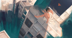 Rule 34 | 1girl, aqua eyes, barefoot, bed sheet, black hair, building, cityscape, covering privates, dutch angle, from above, looking at viewer, lying, nude, nude cover, on side, original, others (gogo-o), shade, short hair, skyscraper, solo, wide shot, window