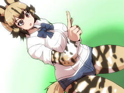 Rule 34 | african wild dog (kemono friends), african wild dog print, animal ears, bow, bowtie, breast pocket, breasts, commentary request, denim, denim shorts, dog ears, dog tail, isna (footprintsofisna), kemono friends, large breasts, layered sleeves, long sleeves, pantyhose, pocket, short over long sleeves, short sleeves, shorts, solo, tail