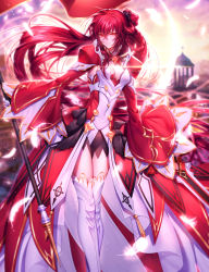 Rule 34 | 1girl, absurdres, been, blurry, blurry background, braid, breasts, cleavage, closed mouth, dress, elesis (elsword), elsword, empire sword (elsword), feathers, floating hair, hair between eyes, hair over one eye, highres, holding, layered dress, long hair, long sleeves, looking at viewer, medium breasts, outdoors, red eyes, red hair, shrug (clothing), smile, solo, standing, thighhighs, very long hair, white feathers, white thighhighs, wide sleeves