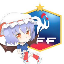 Rule 34 | 1girl, bat wings, bow, chibi, closed mouth, cup, emblem, france, full body, hat, hat ribbon, highres, holding, jersey, light purple hair, mini wings, mob cap, nike (company), red bow, red eyes, red legwear, red ribbon, remilia scarlet, ribbon, roll daikufu, shoes, short hair, skirt, smile, soccer, soccer uniform, solo, sportswear, standing, star (symbol), teacup, touhou, white footwear, white skirt, wings, world cup