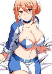 Rule 34 | 1girl, belko, belt, blue choker, blue jacket, blue skirt, blush, breasts, choker, cleavage, closed mouth, collarbone, cropped jacket, hair bun, highres, jacket, large breasts, long hair, long sleeves, looking at viewer, navel, open clothes, open jacket, orange eyes, orange hair, race queen, simple background, single hair bun, sitting, skirt, smile, solo, white background, yahari ore no seishun lovecome wa machigatteiru., yuigahama yui&#039;s mother