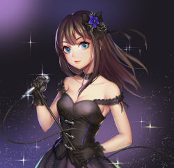 Rule 34 | 10s, 1girl, bare shoulders, black gloves, black gothic dress (idolmaster), breasts, brown hair, cable, choker, dress, flower, gloves, green eyes, hair flower, hair ornament, idolmaster, idolmaster cinderella girls, long hair, looking at viewer, medium breasts, microphone, redamon, shibuya rin, solo, sparkle