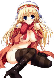 Rule 34 | 1girl, absurdres, black thighhighs, blonde hair, blue eyes, blush, breasts, coat, copyright request, hat, highres, large breasts, long hair, mittens, open mouth, red mittens, scarf, simple background, sitting, solo, striped clothes, striped thighhighs, thighhighs, tomose shunsaku, wet