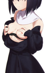 Rule 34 | 1girl, black hair, blush, breasts, breasts out, covering breasts, covering nipples, covering privates, female focus, head out of frame, highres, kuonji alice, mahou tsukai no yoru, medium breasts, morisobo, nipples, nun, short hair, simple background, solo, white background