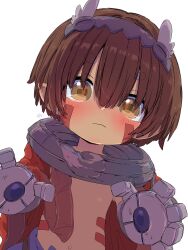 Rule 34 | 1boy, 3:, absurdres, blue pants, blush, brown eyes, brown hair, cape, commentary request, dark skin, dot nose, hair between eyes, highres, looking at viewer, made in abyss, mechanical arms, metal hairband, navel, no shirt, pants, pointy ears, red cape, regu (made in abyss), sekaineko 001, short eyebrows, short hair, simple background, solo, upper body, white background