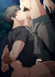 Rule 34 | 2boys, blush, bottomless, brown hair, censored, drooling, erection, facial hair, fellatio, hihumi, male focus, multiple boys, oral, outdoors, penis, pubic hair, restrained, saliva, solo focus, sweat, tape, testicles, yaoi