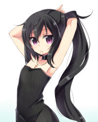 Rule 34 | 1girl, adjusting hair, alternate costume, amano kouki, armpits, black dress, black hair, choker, cross, cross necklace, dress, from side, gradient background, hair between eyes, highres, jewelry, long hair, looking at viewer, mouth hold, necklace, note-chan, original, ponytail, purple eyes, simple background, solo, striped clothes, striped dress, vertical-striped clothes, vertical-striped dress, very long hair, white background