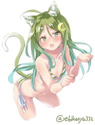 Rule 34 | 1girl, ahoge, animal ears, artist name, bikini, blush, cat ears, cat tail, cowboy shot, crescent, crescent hair ornament, cropped legs, ebifurya, fang, flat chest, green eyes, green hair, hair between eyes, hair ornament, highres, kantai collection, kemonomimi mode, leaning forward, long sleeves, nagatsuki (kancolle), one-hour drawing challenge, open mouth, paw pose, side-tie bikini bottom, sidelocks, simple background, solo, striped bikini, striped clothes, swimsuit, tail, twitter username, white background