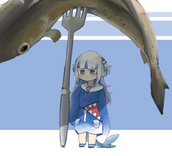 Rule 34 | 1girl, absurdres, alternate size, blue background, blue eyes, blunt bangs, catching, chibi, closed mouth, drawstring, fins, fish, fish request, fish tail, fishing, fork, gawr gura, gawr gura (1st costume), highres, holding, holding fork, hololive, hololive english, hood, hoodie, jitome, long hair, long shirt, looking at viewer, messy hair, mini person, minigirl, shade, size difference, sleeves past fingers, sleeves past wrists, solo, striped, striped background, tail, teeth, two side up, virtual youtuber, vyragami, white hair