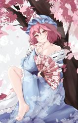 Rule 34 | 1girl, absurdres, bad feet, bare shoulders, blue hat, blue kimono, blush, breasts, bug, butterfly, cherry blossoms, cleavage, closed mouth, collarbone, falling petals, floral print, frilled sleeves, frills, hand fan, hat, highres, holding, holding fan, insect, japanese clothes, kimono, long sleeves, looking at viewer, mob cap, nail polish, obi, off shoulder, orchid (orukido), petals, pink eyes, pink hair, pink nails, print kimono, saigyouji yuyuko, sash, short hair, smile, solo, touhou, triangular headpiece, veil, wide sleeves