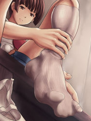 Rule 34 | 1girl, ball, black hair, blunt bangs, brown eyes, commentary request, feet, foreshortening, highres, holding own ankle, maku (l-u), original, paddle, parted lips, ribbed legwear, shoes, shorts, socks, solo, table tennis ball, table tennis paddle, toenails, unworn shoe, unworn shoes, uwabaki, white socks