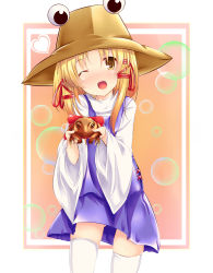 Rule 34 | 1girl, bad id, bad pixiv id, blonde hair, blush, bow, bubble, chocolate, female focus, framed, frog, hair ribbon, hat, heart, highres, long hair, long sleeves, looking at viewer, moriya suwako, one eye closed, outside border, ribbon, salmon (saaamon), shirt, skirt, skirt set, smile, solo, temperature, thighhighs, touhou, valentine, vest, white thighhighs, wide sleeves, wink, yellow eyes, zettai ryouiki