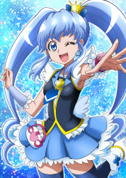Rule 34 | 10s, 1girl, ;d, armpits, black shirt, black thighhighs, blue background, blue bow, blue eyes, blue hair, blue necktie, blue skirt, blue theme, bow, brooch, crown, cure princess, earrings, frills, hair bow, hanzou, happinesscharge precure!, heart, heart brooch, highres, jewelry, long hair, magical girl, mini crown, necktie, one eye closed, open mouth, precure, shirayuki hime, shirt, shoes, sidelocks, skirt, sleeveless, sleeveless shirt, smile, solo, standing, standing on one leg, thick eyebrows, thighhighs, twintails, white footwear, wrist cuffs