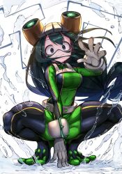 Rule 34 | 1girl, asui tsuyu, bad id, bad twitter id, bodysuit, boku no hero academia, breasts, commentary, covered navel, dark green hair, full body, gloves, goggles, goggles on head, green bodysuit, green eyes, hand on ground, highres, kashu (hizake), long hair, looking at viewer, medium breasts, outstretched arm, reaching, reaching towards viewer, solo, splashing, squatting, symbol-only commentary, very long hair, water, white background
