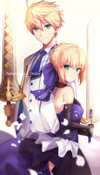Rule 34 | 10s, 1boy, 1girl, ahoge, arthur pendragon (fate), arthur pendragon (white rose) (fate), artoria pendragon (all), artoria pendragon (fate), bare shoulders, black gloves, blonde hair, blue neckwear, blue shirt, blurry, braid, breasts, buttons, cleavage, closed mouth, collared shirt, commentary, copyright name, cross, depth of field, dress, elbow gloves, english commentary, excalibur (fate/prototype), excalibur (fate/stay night), fate/extella, fate/extella link, fate/extra, fate/grand order, fate/prototype, fate/prototype: fragments of blue and silver, fate (series), formal, french braid, gloves, green eyes, hair between eyes, hair ribbon, halterneck, highres, holding, holding sword, holding weapon, jacket, latin cross, long sleeves, looking at viewer, looking to the side, motion blur, necktie, official alternate costume, open clothes, open jacket, petals, purple dress, purple ribbon, ribbon, rose petals, saber (fate), saber (lapis lazuli dress) (fate), see-through, see-through cleavage, shirt, short hair, shoulder blades, sidelocks, sleeveless, sleeveless dress, small breasts, smile, standing, striped clothes, striped shirt, suit, sword, tie clip, two-handed, untue, waistcoat, weapon, white jacket, white shirt, white suit, wind, wind lift, yellow background