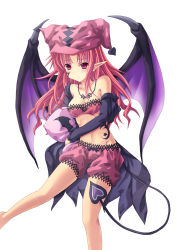 Rule 34 | 1girl, bloomers, bra, breasts, cleavage, demon tail, duel monster, ghostrick socuteboss, ghostrick succubus, hat, heart, highres, long hair, midriff, pink bloomers, pink bra, pink hat, pointy ears, red eyes, red hair, small breasts, solo, tail, takayuuki, tattoo, underwear, wings, yu-gi-oh!