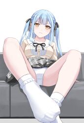 Rule 34 | 1girl, absurdres, bang dream!, bang dream! it&#039;s mygo!!!!!, black ribbon, blue hair, breasts, closed mouth, clothes pull, collarbone, couch, feet, from below, frown, grey skirt, hair ribbon, highres, indoors, long hair, panties, ribbon, sitting, skirt, skirt pull, socks, solo, spread legs, togawa sakiko, two side up, underwear, white panties, white socks, yellow eyes