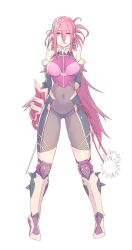 Rule 34 | 00s, 1girl, armor, bare shoulders, boots, breasts, choker, curvy, female focus, full body, hair between eyes, highres, large breasts, lilith-soft, long hair, looking at viewer, ninja, pink eyes, pink hair, ponytail, simple background, solo, standing, taimanin (series), taimanin asagi kessen arena, thong, white background, yanagi rokuho, yuuji (and)