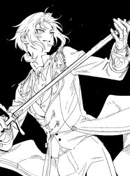 Rule 34 | 1boy, character request, ensemble stars!, epaulettes, gloves, holding, holding sword, holding weapon, jacket, looking to the side, monochrome, pants, parted lips, shirt, short ponytail, solo, sword, uniform, weapon, zn242878163