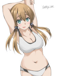 Rule 34 | 1girl, alternate costume, aqua eyes, arms up, blonde hair, bra, breasts, cleavage, dated, gakky, hair between eyes, kantai collection, large breasts, long hair, looking at viewer, low twintails, midriff, navel, one-hour drawing challenge, prinz eugen (kancolle), signature, simple background, solo, sports bra, twintails, underwear, white background, white bra