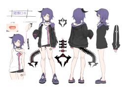Rule 34 | 1girl, bad id, bad twitter id, bare legs, braid, breasts, character sheet, collar, commentary request, crocs, ear piercing, highres, hood, hoodie, horns, indie virtual youtuber, izumi sai, jacket, multiple views, open clothes, open jacket, ozuka roki, piercing, purple hair, sandals, sharp teeth, short hair, short shorts, shorts, simple background, single horn, sleeves past wrists, small breasts, standing, strap slip, tail, tank top, tattoo, teeth, virtual youtuber, yellow eyes