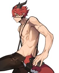 Rule 34 | 1boy, abs, brown legwear, demon boy, eyepatch, facial mark, horns, male focus, original, patient zero, pointy ears, profile, red hair, simple background, solo, stitches, tail, toned, toned male, topless male, white background, yellow eyes
