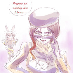Rule 34 | 2girls, animal ears, beret, breasts, brown hair, censored, censored text, coco adel, english text, female focus, gradient background, hat, iesupa, multiple girls, o o, partially colored, profanity, rabbit ears, rabbit girl, rwby, sunglasses, surprised, sweatdrop, upper body, velvet scarlatina, white background, wide-eyed
