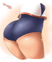 Rule 34 | 1girl, ass, ass focus, blouse, blue one-piece swimsuit, close-up, clothing cutout, from side, gradient background, i-401 (kancolle), kantai collection, lower teeth only, one-piece swimsuit, one-piece tan, orange background, school swimsuit, shirt, side cutout, solo, standing, sugiura, swimsuit, swimsuit under clothes, tan, tanline, teeth, thighs, twitter username, white shirt
