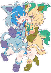 2girls ahoge blonde_hair blue_eyes blue_hair blue_shirt blue_skirt blue_socks blush breast_press breasts commentary_request cookie_(touhou) creatures_(company) full_body game_freak gen_4_pokemon glaceon green_eyes green_footwear highres layered_sleeves leafeon long_sleeves looking_at_another looking_to_the_side medium_breasts medium_hair multicolored_hair multiple_girls nintendo nyon_(cookie) open_mouth pokemon purple_footwear sharp_teeth shirt shoes short_over_long_sleeves short_sleeves simple_background skirt skirt_set smile socks standing symmetrical_docking teeth tsuzuchii two-tone_hair white_background yellow_shirt yellow_skirt yellow_socks yuri