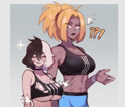 Rule 34 | 2girls, abs, ahoge, alternate breast size, black choker, black hair, black sports bra, blonde hair, blue pants, breast conscious, breast expansion, breasts, character request, choker, cleavage, commentary, constricted pupils, dark-skinned female, dark skin, english commentary, height difference, highres, huge breasts, jules jagger (nyantcha), large breasts, long hair, medium support (meme), meme, midriff, multicolored hair, multiple girls, muscular, muscular female, nyantcha, original, pants, ponytail, sharp teeth, short hair, smug, split-color hair, sports bra, surprised, tall female, teeth, torn clothes, torn sports bra, underboob, upper body, white hair, yellow eyes, yoga pants, yorra villeneuve (nyantcha)