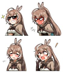 Rule 34 | !, 1girl, = =, absurdres, ahoge, angry, blush, bow, bowtie, brown bow, brown bowtie, brown capelet, brown eyes, brown hair, cape, capelet, commentary, ddolbang, deal with it (meme), double-parted bangs, english commentary, expressions, feather hair ornament, feathers, full-face blush, gloves, green cape, grin, hair between eyes, hair ornament, hairclip, highres, hololive, hololive english, hood, hooded capelet, meme, multicolored hair, multiple views, nanashi mumei, nanashi mumei (1st costume), partially fingerless gloves, ponytail, shirt, simple background, smile, streaked hair, sunglasses, tearing up, underbust, virtual youtuber, wavy mouth, white background, white shirt