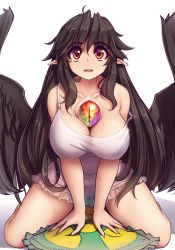 Rule 34 | 1girl, absurdres, arm support, bare shoulders, black hair, black wings, breasts, chemise, cleavage, collarbone, commentary, dress, english commentary, feathered wings, frilled pillow, frills, hair between eyes, hair down, hater (hatater), highres, large breasts, long hair, looking at viewer, open mouth, pillow, pointy ears, radiation symbol, red eyes, reiuji utsuho, shadow, sidelocks, simple background, sitting, smile, solo, spaghetti strap, strap slip, thighs, touhou, very long hair, wariza, white background, white dress, wings
