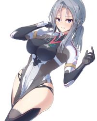 Rule 34 | 1girl, alice gear aegis, blue eyes, blush, breasts, gloves, grey hair, highres, kondou chieri, large breasts, long hair, looking at viewer, open mouth, pelvic curtain, side slit, simple background, smile, solo, standing, sweat, thighhighs, thighs, tooto (ryuto333), white background