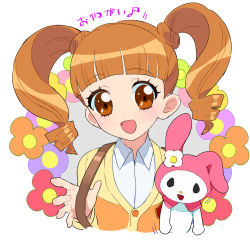 Rule 34 | 1girl, backpack, bag, brown eyes, brown hair, commentary, drill hair, flower (symbol), long hair, moudoku (decopon3rd), my melody, onegai my melody, open mouth, sanrio, school uniform, smile, solo, twin drills, yumeno uta