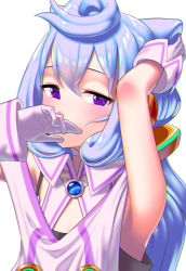 Rule 34 | 1boy, arm up, armpits, bad id, bad pixiv id, blue hair, covering own mouth, gloves, hacka doll, hacka doll 3, highres, long hair, looking at viewer, male focus, paisen, purple eyes, simple background, solo, trap, white background, white gloves