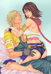 Rule 34 | 00s, 1boy, 1girl, ass, barefoot, blonde hair, brown hair, final fantasy, final fantasy x, final fantasy x-2, hands on ass, hood, lina (linart), looking at viewer, short shorts, shorts, showgirl skirt, sitting, sitting on lap, sitting on person, smile, tidus, yuna, yuna (ff10)