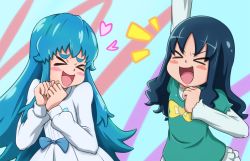 Rule 34 | &gt; &lt;, 10s, 2girls, :d, > <, akanerun, arm up, bad id, bad pixiv id, blue hair, blue shirt, blush, bow, brooch, color connection, dress, closed eyes, happinesscharge precure!, heart, heart brooch, heartcatch precure!, kurumi erika, long hair, multiple girls, open mouth, precure, shirayuki hime, shirt, sidelocks, smile, trait connection, xd