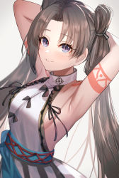 Rule 34 | 1girl, armpits, arms behind head, arms up, backless dress, backless outfit, bare shoulders, blush, body markings, breasts, brown hair, dolce (dolsuke), dress, fate/grand order, fate (series), film grain, grey dress, highres, iyo (fate), long hair, looking at viewer, medium breasts, parted bangs, purple eyes, sash, sideboob, smile, solo, twintails, very long hair