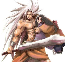 Rule 34 | 2boys, arc system works, black hair, brown eyes, carrying, guilty gear, hair ribbon, kliff undersn, long hair, lowres, manly, multiple boys, ribbon, topless male, smile, sword, testament (guilty gear), weapon, white background, white hair, aged down