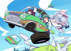 Rule 34 | &gt; o, 3girls, blue sky, blunt bangs, bright pupils, broken window, brown hair, car, commentary request, damaged, day, driving, fuu (koneko no yomeiri), grass, green hair, green hairband, grey hair, hagoromo, hairband, hand on own head, hanging on, headgear, highres, japanese clothes, kimono, knife, long hair, long sleeves, looking ahead, looking down, midair, motor vehicle, multiple girls, nervous smile, nervous sweating, one eye closed, open mouth, purple eyes, red eyes, scared, shawl, siblings, sisters, sky, smile, sweat, tasuki, tearing up, through window, tire, touhoku itako, touhoku kiritan, touhoku zunko, twintails, v-shaped eyebrows, voiceroid, white kimono, white pupils, wide sleeves, yellow eyes, zunda mochi