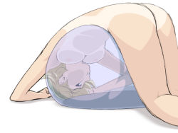Rule 34 | 1girl, ass, ball, blonde hair, blue eyes, breast press, breasts, cheek press, cheek squash, exercise ball, ino (magloid), nipples, nude, one-piece tan, otome function, see-through, short hair, simple background, solo, tan, tanline, tatiana vasilievna stalina, top-down bottom-up, transparent, white background