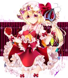 Rule 34 | 1girl, absurdres, apple, ascot, chisiro unya (unya draw), cowboy shot, crystal wings, dress, flandre scarlet, food, frilled dress, frills, fruit, highres, laevatein (touhou), pointy ears, red apple, red eyes, smile, socks, solo, touhou, white mob cap, yellow ascot