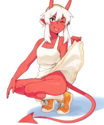 Rule 34 | 1girl, ;p, artist name, bare arms, bare legs, bare shoulders, breasts, clothes lift, colored skin, commentary, demon girl, demon tail, dress, dress lift, english commentary, full body, hair between eyes, highres, horns, li (rob ishi), lifted by self, looking at viewer, no panties, one eye closed, orange eyes, orange footwear, original, pointy ears, red skin, rob ishi, shoes, simple background, skin-covered horns, sleeveless, sleeveless dress, small breasts, sneakers, socks, solo, squatting, sundress, tail, thighs, tiptoes, tongue, tongue out, white background, white dress, white hair, white socks