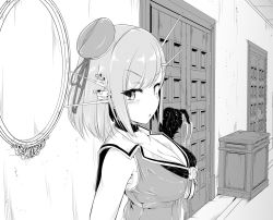 Rule 34 | 1girl, bad id, bad twitter id, beret, blush, breasts, choker, cleavage, door, drawing nk, gloves, greyscale, hair ornament, hat, headgear, indoors, kantai collection, large breasts, maya (kancolle), maya kai ni (kancolle), mirror, monochrome, open mouth, sleeveless, solo, upper body, x hair ornament